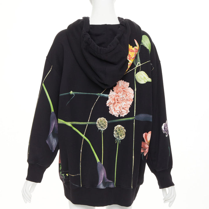VALENTINO black cotton oversized macro rose floral print pouch hoodie M