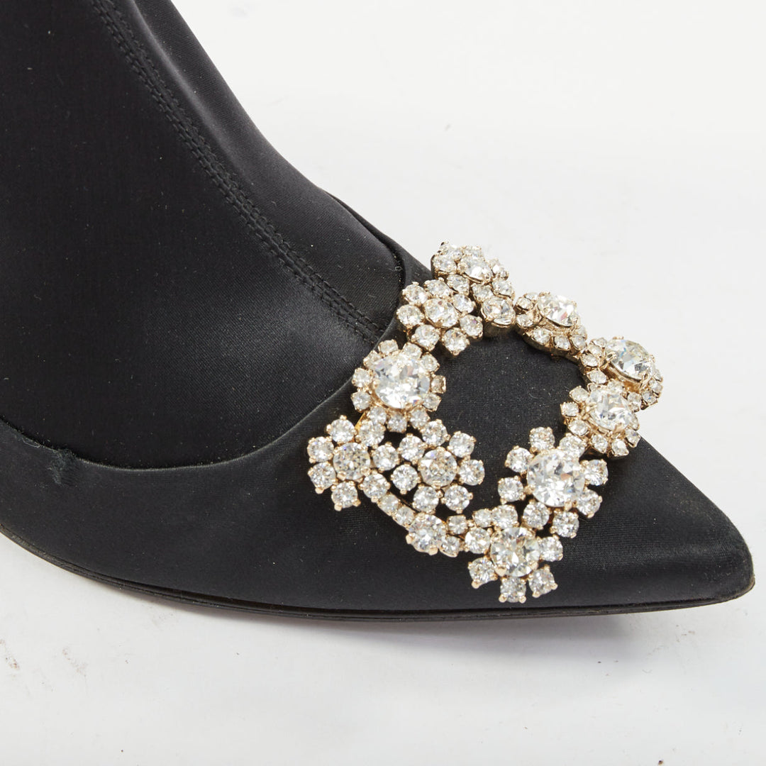 ROGER VIVIER Flower Strass black silk satin crystal buckle sock booties EU40