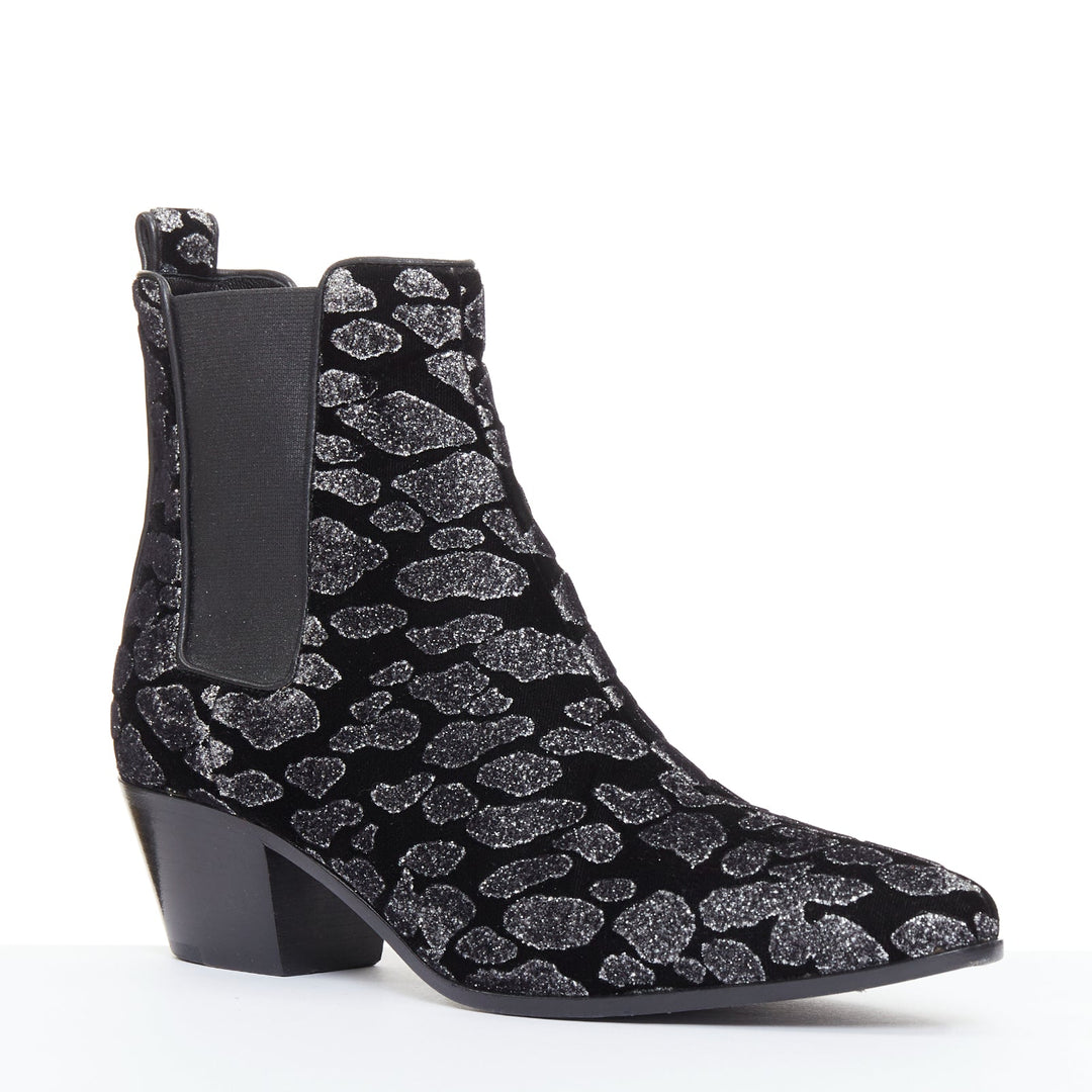 SAINT LAURENT Rock Leopard black grey glitter leopard velvet chelsea boots EU36