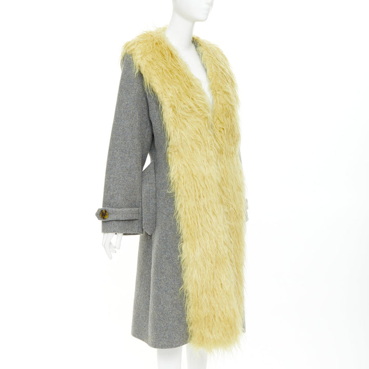 MIU MIU 2017 yellow faux shaggy fur grey wool XL buttons coat IT38 XS