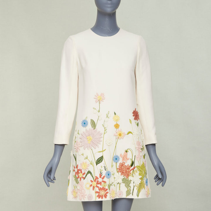 VALENTINO Crepe Couture ivory wool silk floral embroidered A-line dress IT38 XS