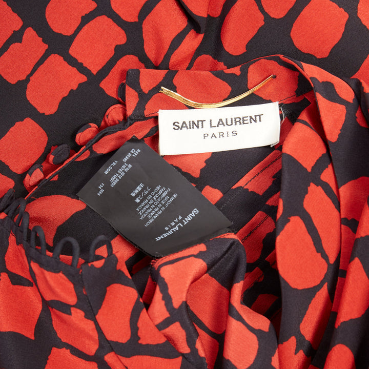 SAINT LAURENT 2012 red black geometric block silk shoulder padded dress FR34 XXS