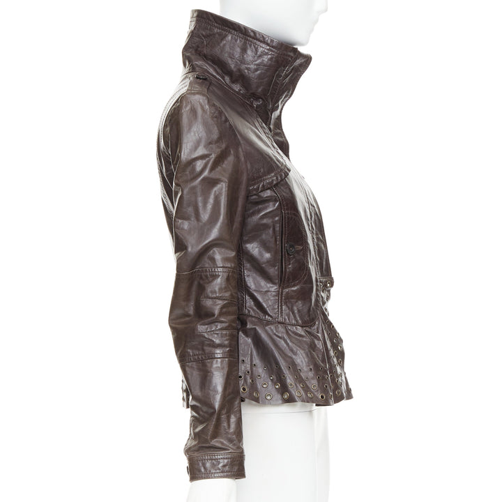 PATRIZIA PEPE brown stiff leather eyelet stud high collar biker jacket IT42 M