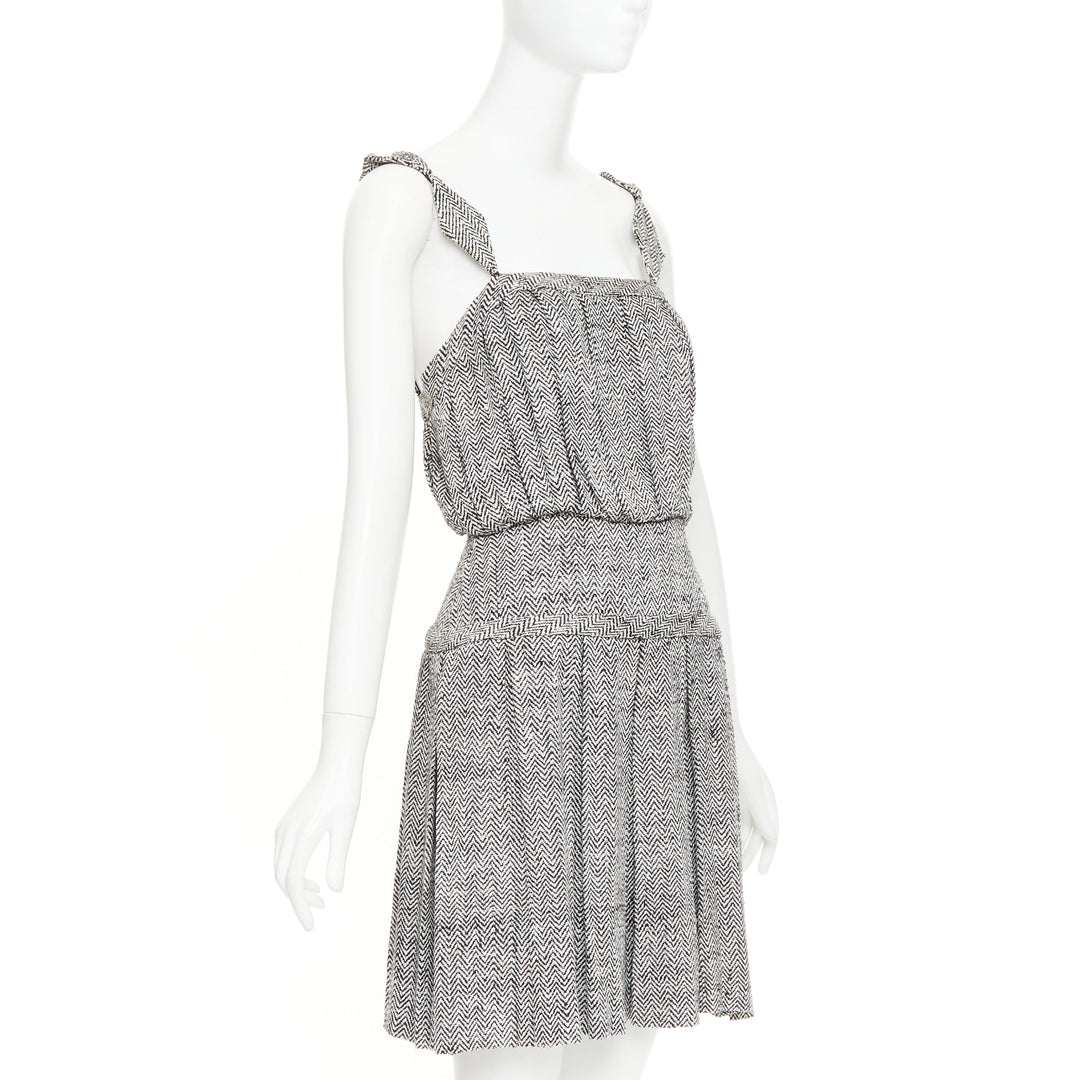RODARTE Vintage grey Trompe loeil Herringbone silk pleated mini dress US4 S