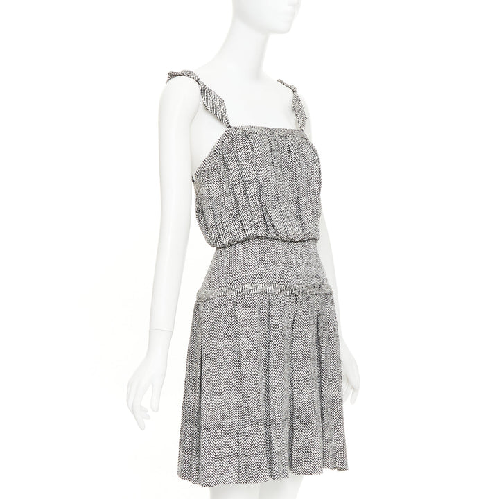 RODARTE Vintage grey Trompe loeil Herringbone silk pleated mini dress US4 S