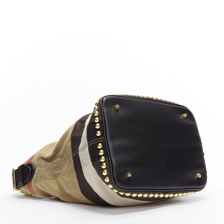 BURBERRY Ashby khaki big house check gold studded black leather bucket bag