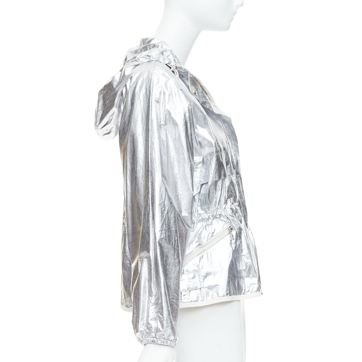 MONCLER silver coated cotton ruched waist hooded windbreaker Sz2