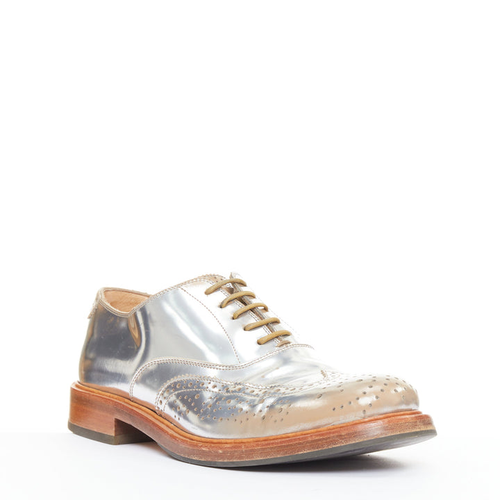 ALEXANDER MCQUEEN distressed silver leather perforated wingtip brogue shoes EU43