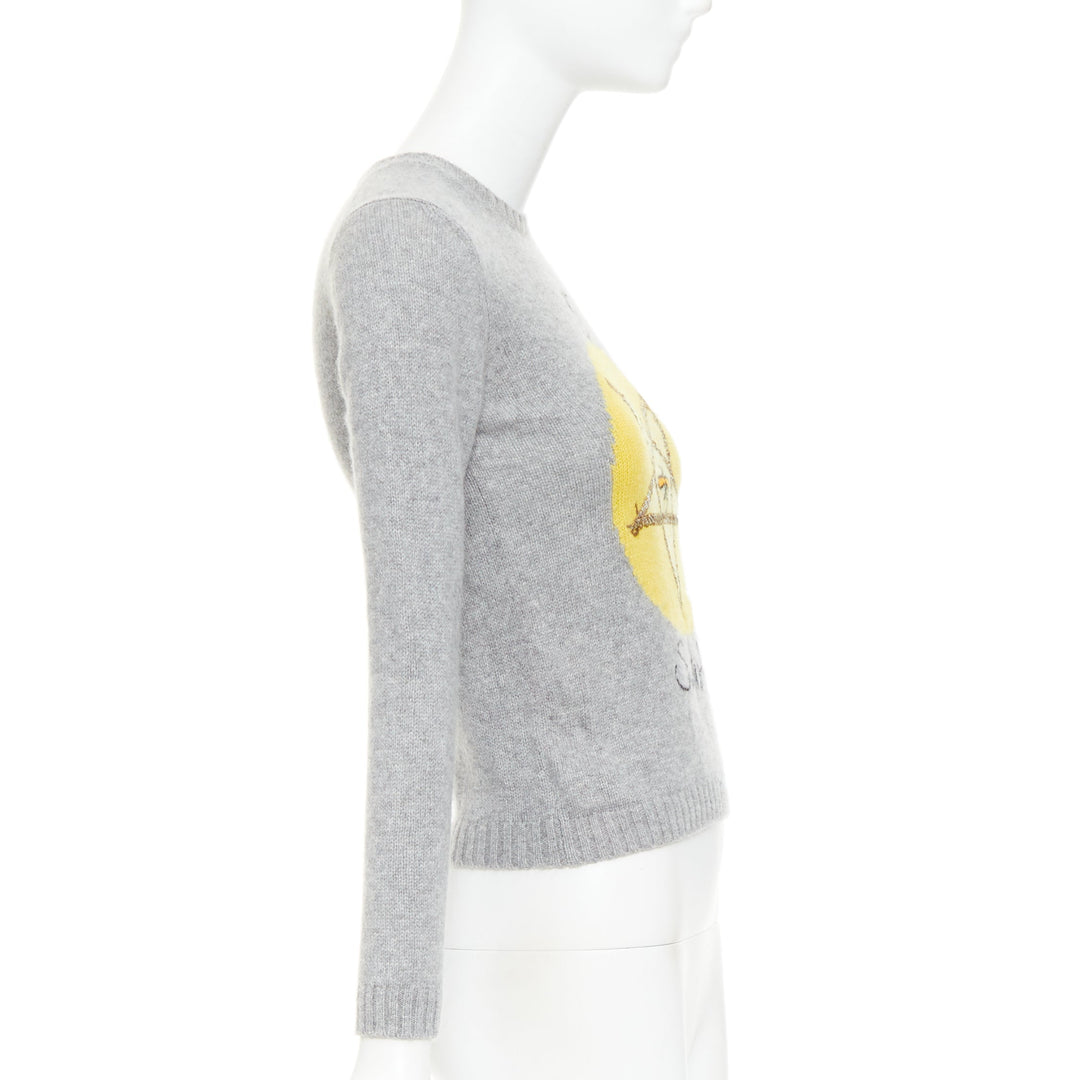 CHRISTIAN DIOR 100% cashmere 5 Swords grey yellow embroidered sweater  FR34 XS