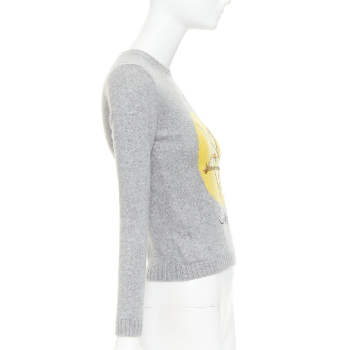CHRISTIAN DIOR 100% cashmere 5 Swords grey yellow embroidered sweater  FR34 XS