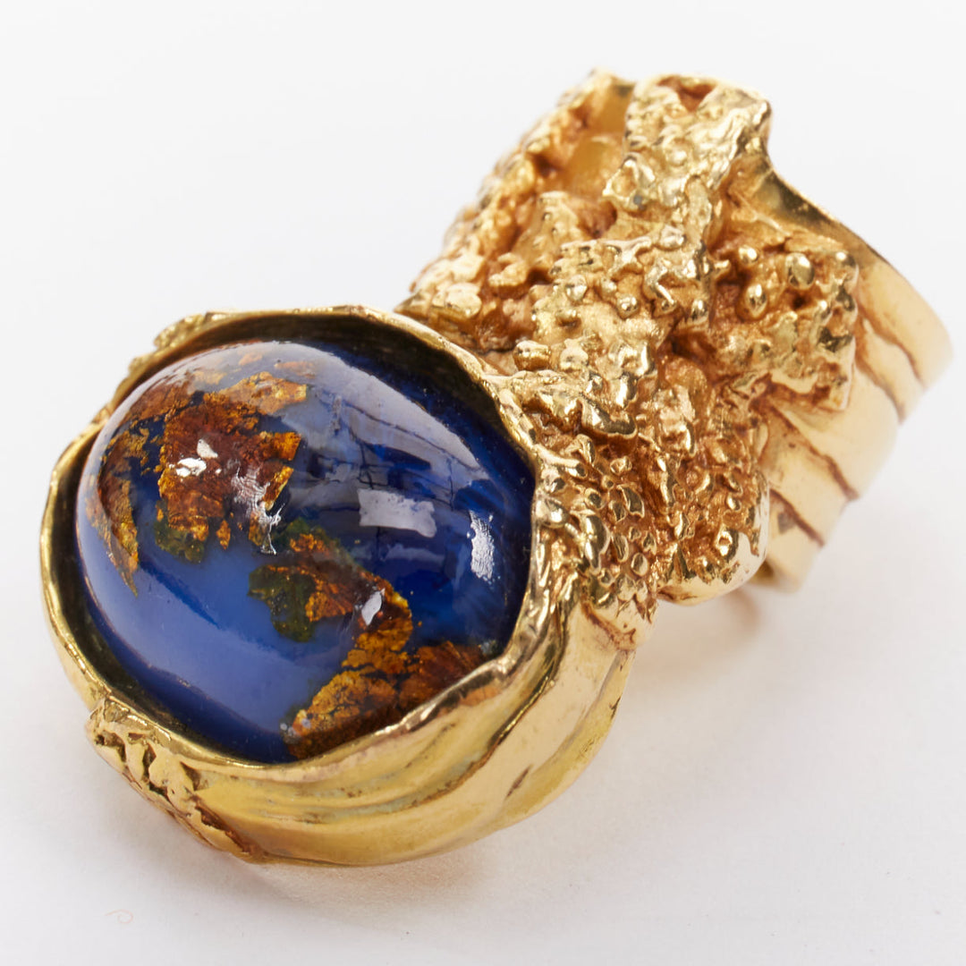 YVES SAINT LAURENT YSL Arty gold tone blue lapis foil enamel cabochon ring US7