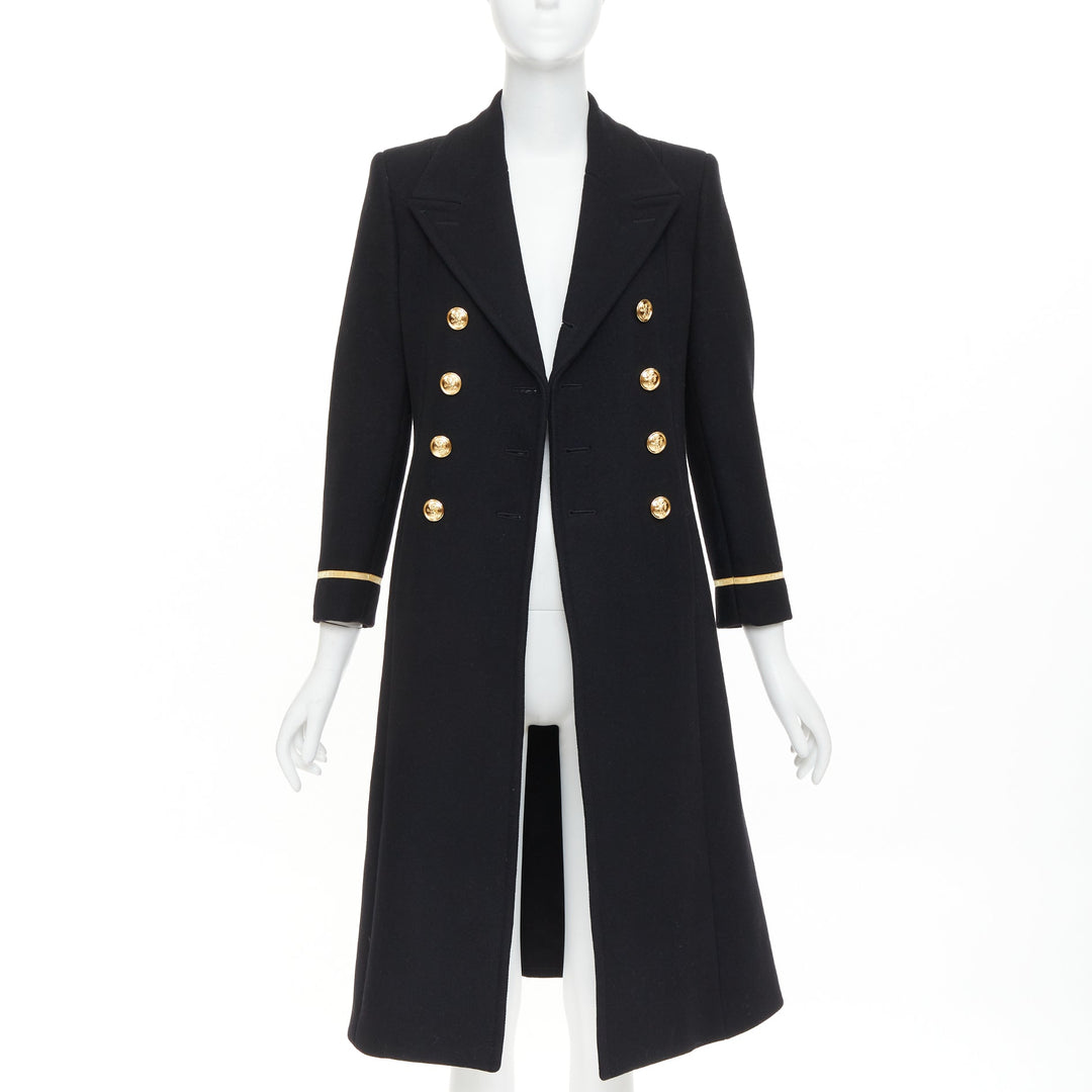 SAINT LAURENT 2016 black wool gold crest button military officer coat FR36