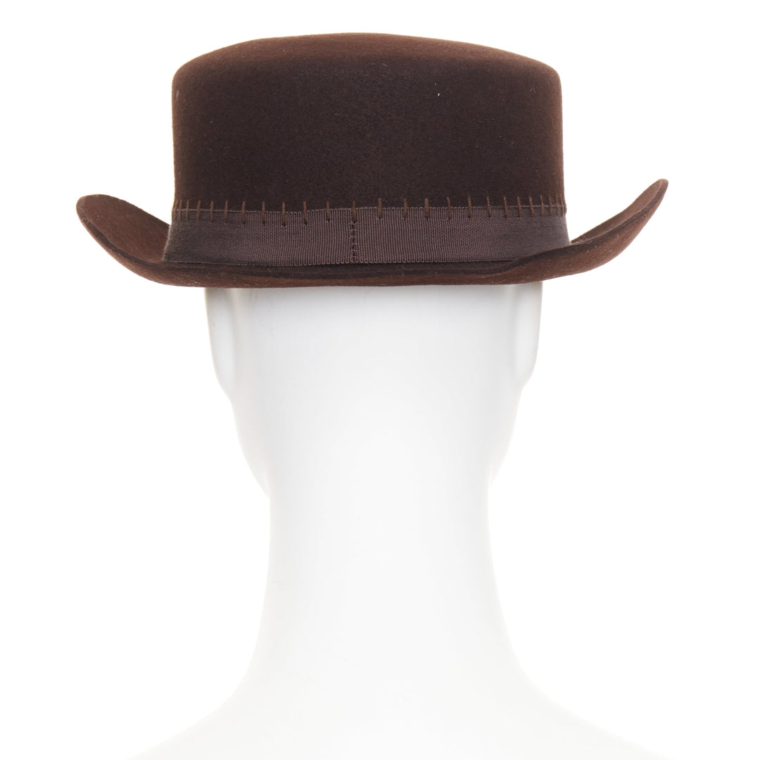 CHANEL 2014 Runway Paris-Dallas brown rabbit hair felt CC topstitch hat M