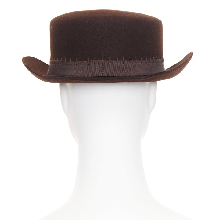 CHANEL 2014 Runway Paris-Dallas brown rabbit hair felt CC topstitch hat M