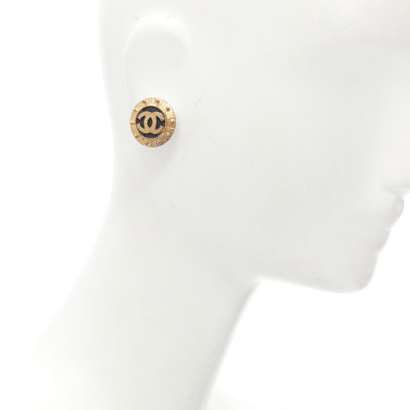 CHANEL Vintage 1990's gold black CC studded clip on earrings