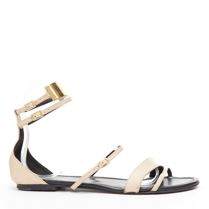 SAINT LAURENT Janis nude leather gold metal bar flat sandals EU38.5