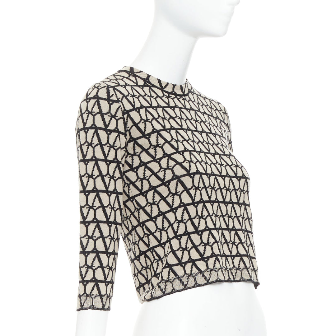 VALENTINO 2023 Toile Iconographe beige black 100% wool crop sweater top S