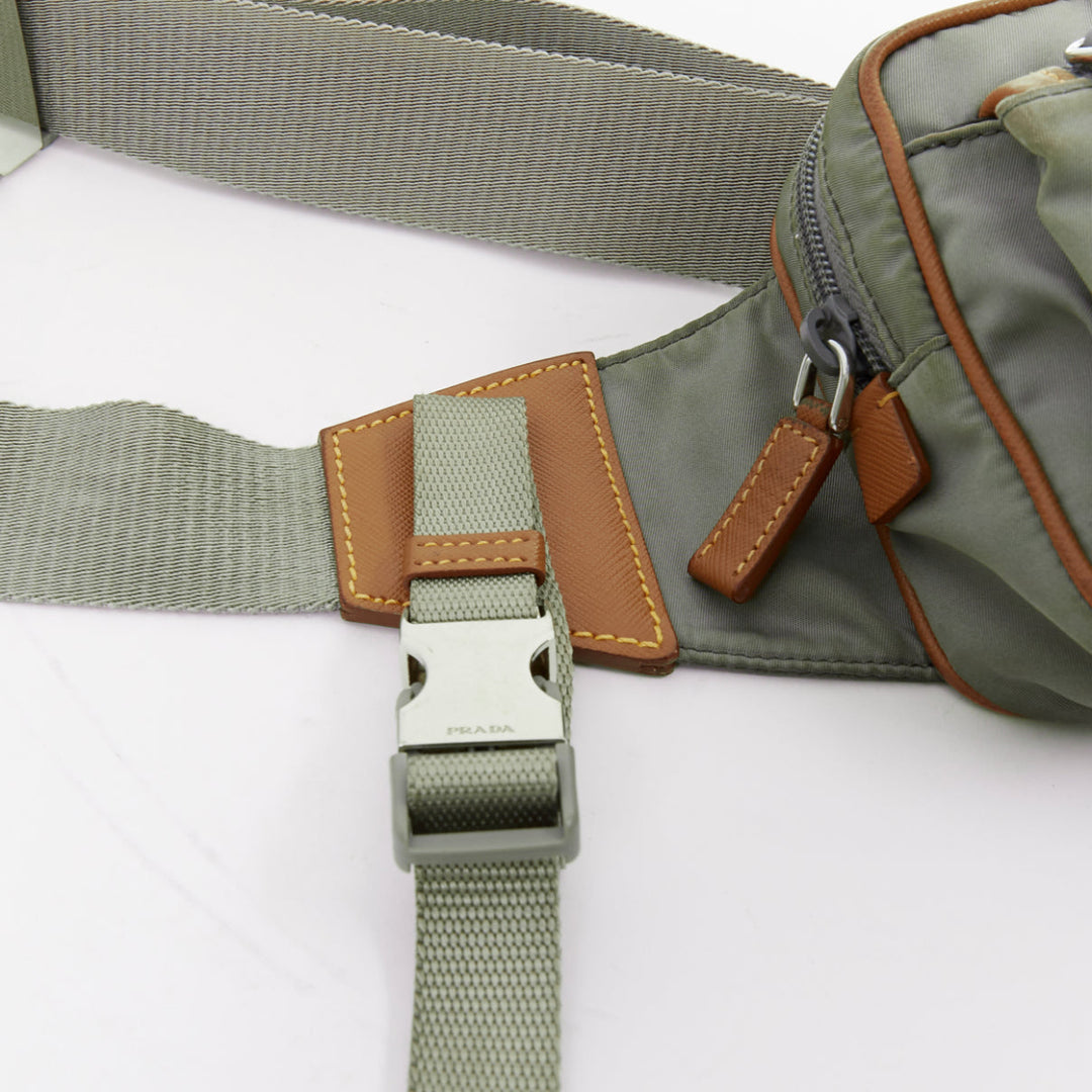 PRADA Tessuto Montagna grey nylon brown leather trim logo belt bag