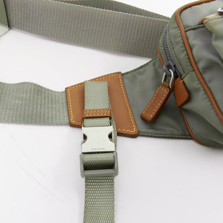 PRADA Tessuto Montagna grey nylon brown leather trim logo belt bag