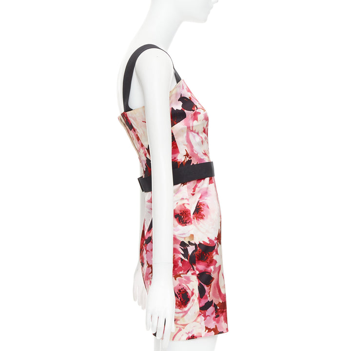 DOLCE GABBANA Vintage pink rose peonies floral black strap mini dress IT40 S