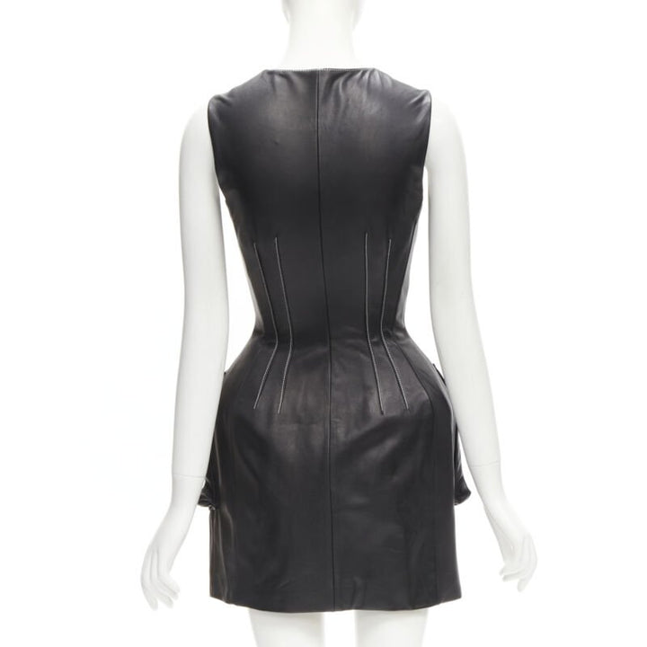 DAVID KOMA black lamb leather white overstitch padded hip dress UK6 XS