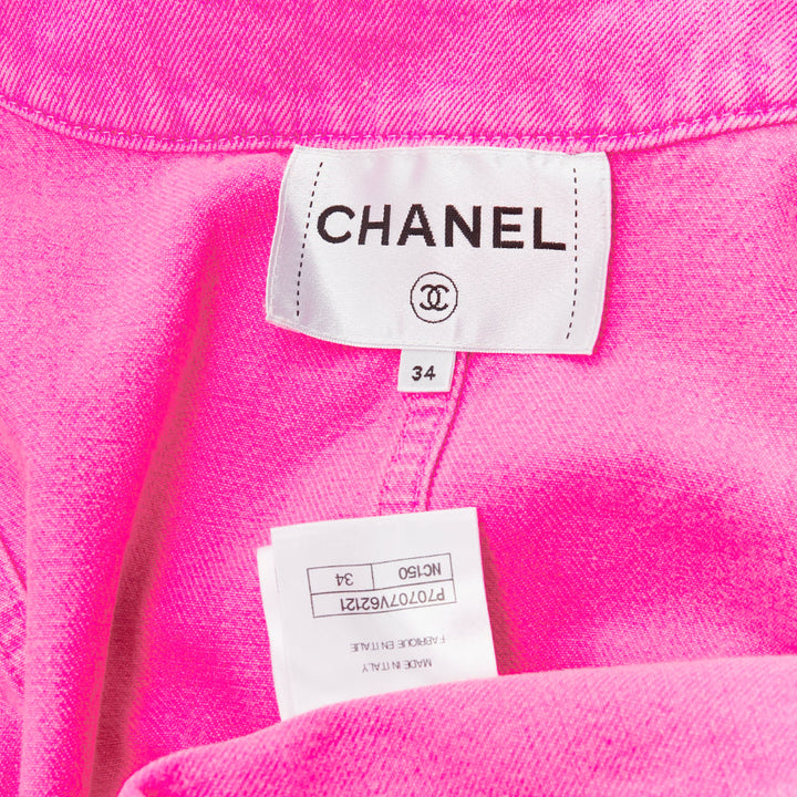 CHANEL 2021 neon pink cotton denim CC logo camellia embellished jacket FR34 XS