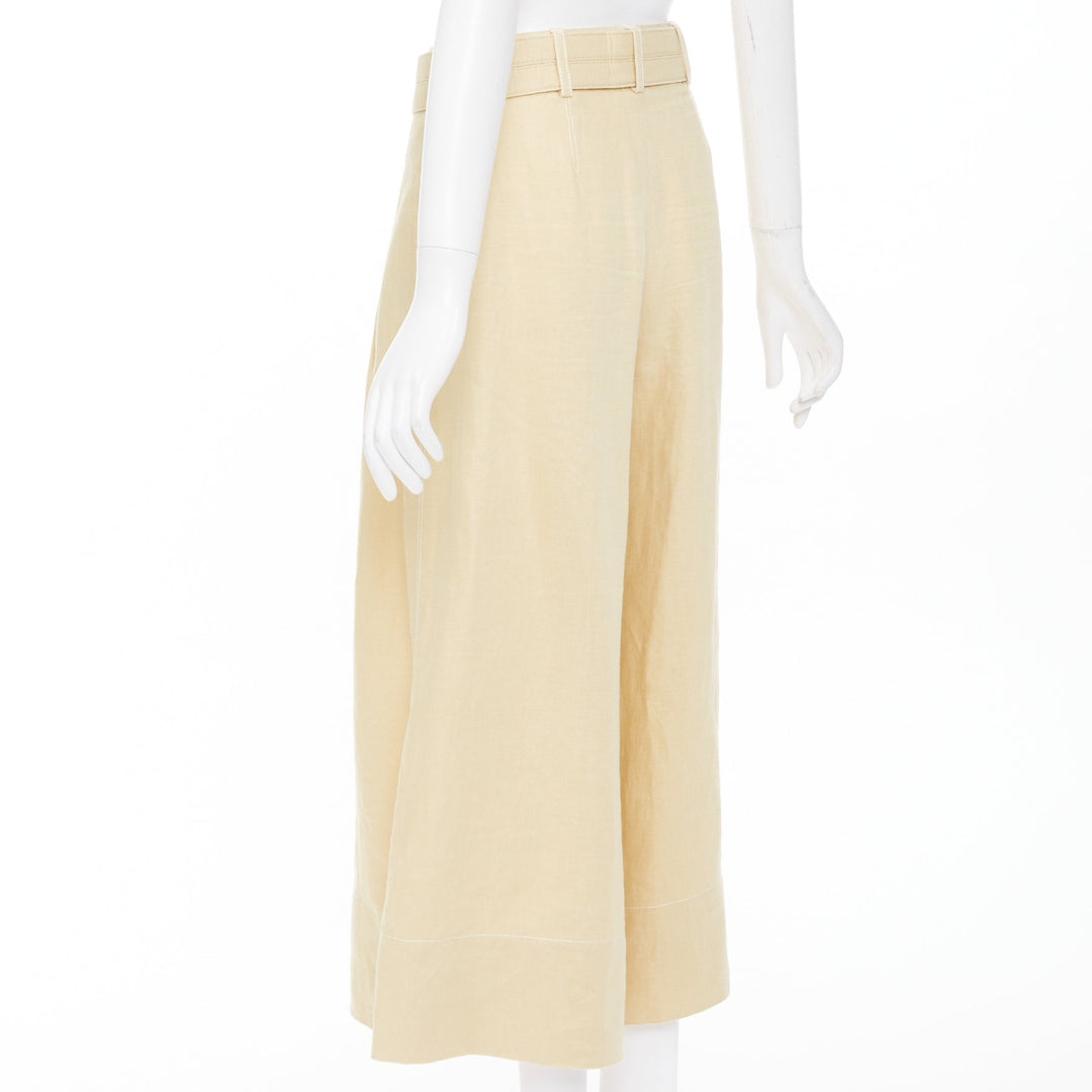 NICHOLAS beige linen belted pleated front wide leg cropped utility pants FR36 S
