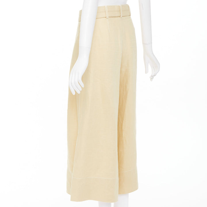 NICHOLAS beige linen belted pleated front wide leg cropped utility pants FR36 S