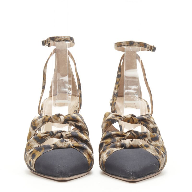 AQUAZZURA brown leopard trio bow ankle strap toe cap high heel pump EU36