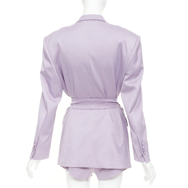 DZOJCHEN lavender purple satin double breasted belted blazer short set XS