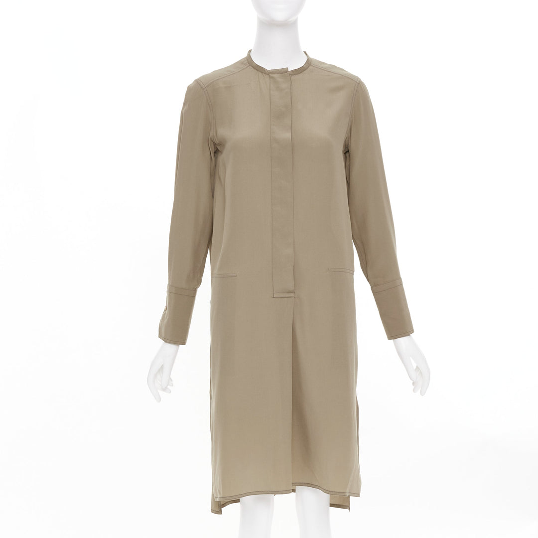 HERMES khaki tan covered button silk band collar long sleeve shift dress FR34