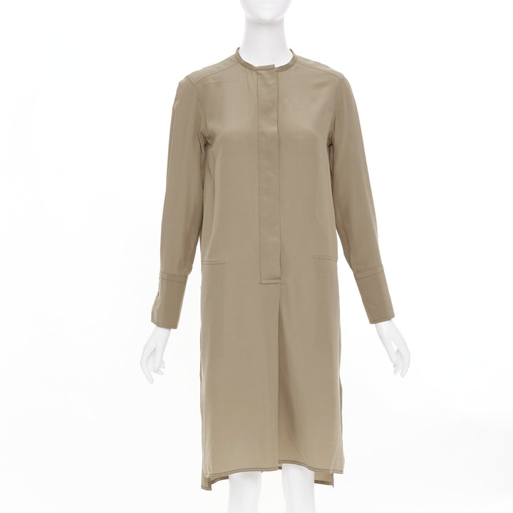 HERMES khaki tan covered button silk band collar long sleeve shift dress FR34