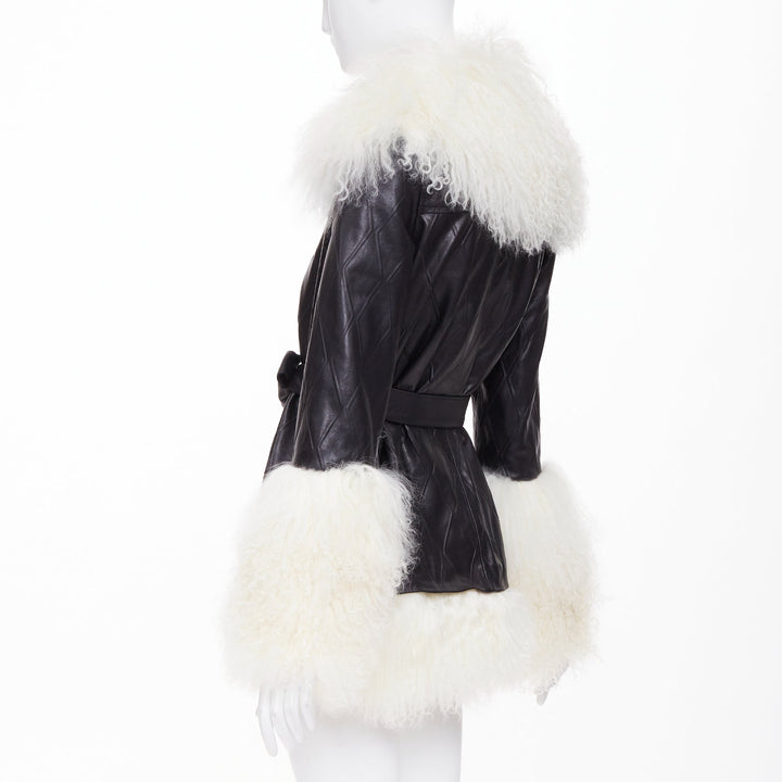 SKIIM PARIS Fran Mongolian diamond embossed lambskin black leather coat FR36 S