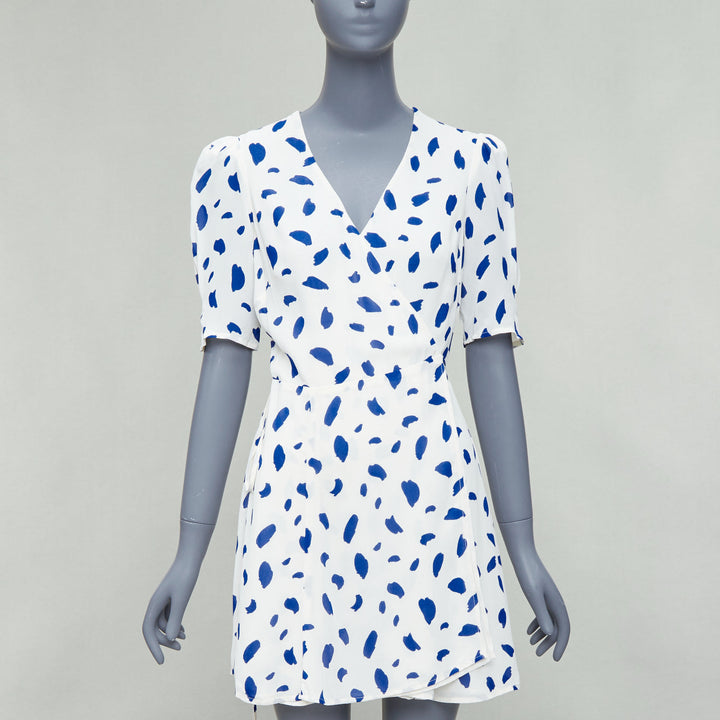 REFORMATION Lucky blue white Dalmatian print puff sleeve wrap dress M