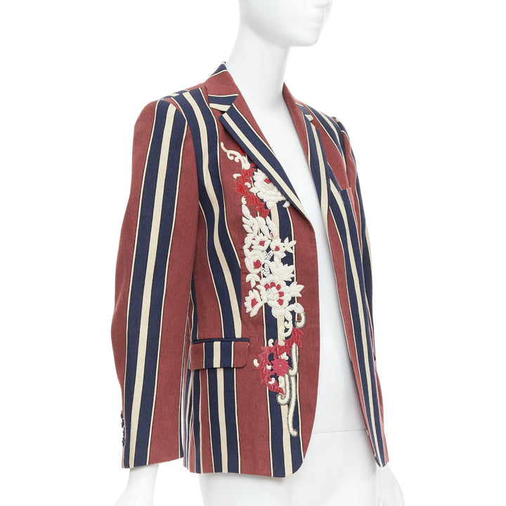 DRIES VAN NOTEN burgundy navy striped floral beaded wool linen blazer FR36 S