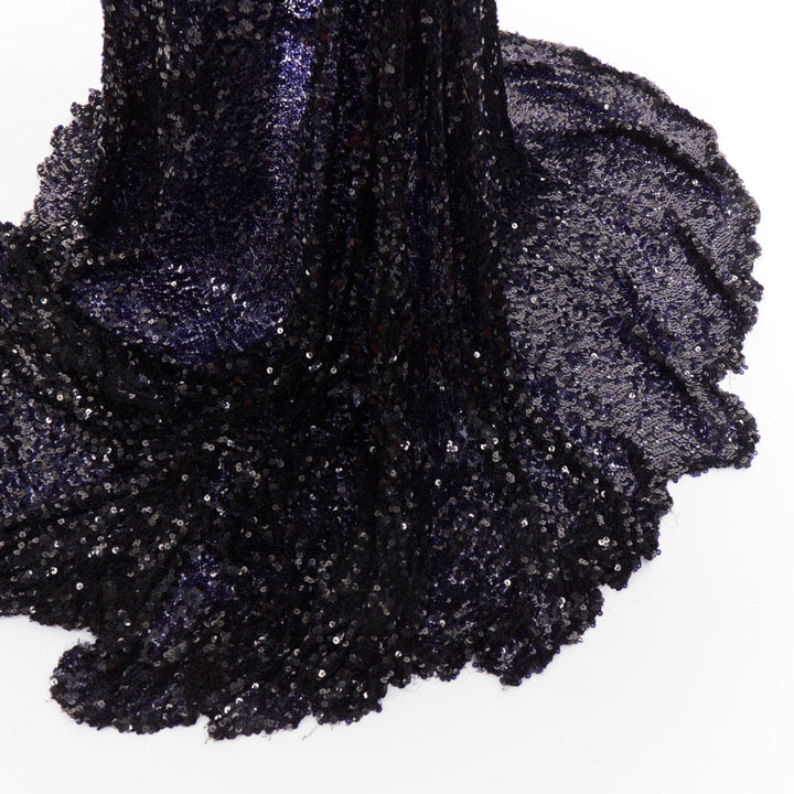 rare ALEXANDRE VAUTHIER navy sequinned gold crystal pave collar high slit gown