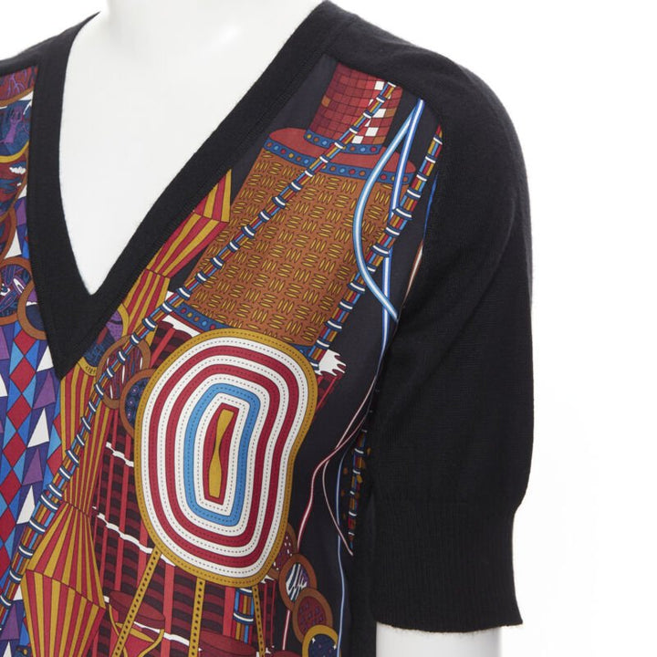 HERMES PARIS signature silk print front black cashmere knit V-neck sweater Fr34