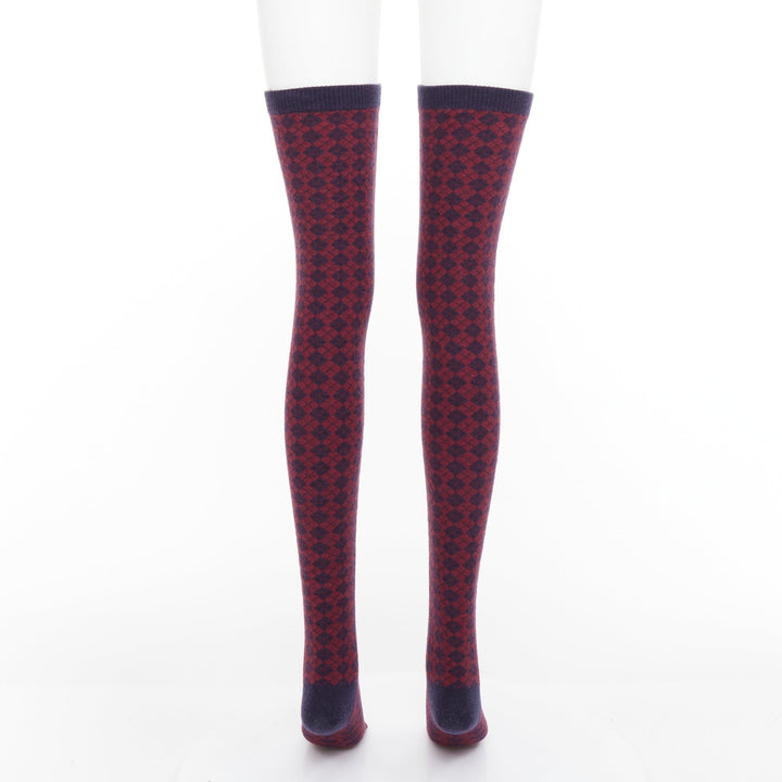 CHANEL red navy wool CC logo button checked wool thigh high socks M