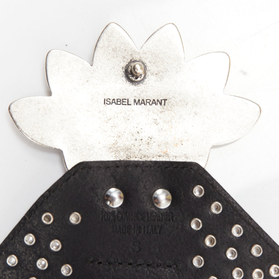 ISABEL MARANT Lowai silver petals buckle studded black leather wide belt S