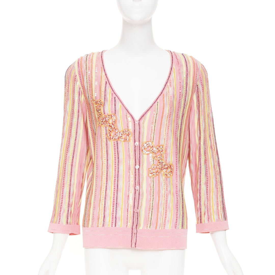 ESCADA vintage pink multi stripe sequin beaded v neck knit cardigan top FR42 XL