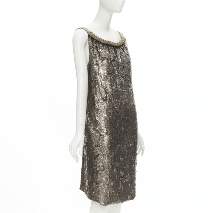 DRIES VAN NOTEN Vintage silver beaded braid neckline silver sequins dress FR40 M