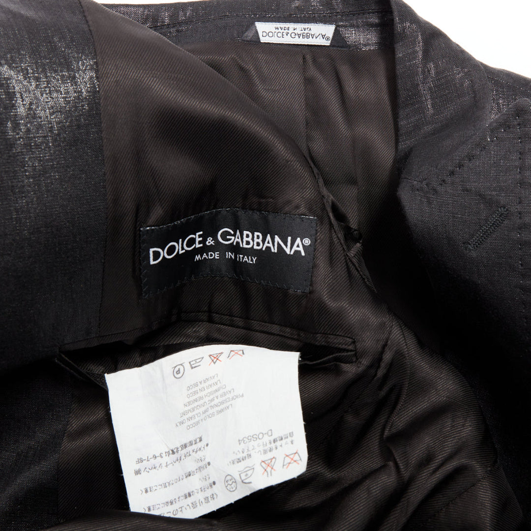DOLCE GABBANA black linen metallic coated half canvas flap pocket suit IT44 XS