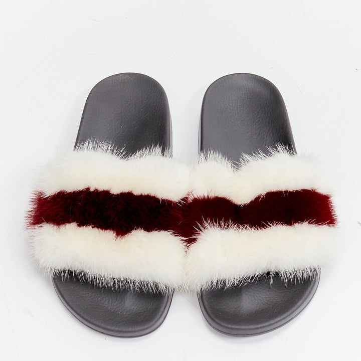 GIVENCHY Tisci fox fur red white stripes debossed logo black pool slides EU38