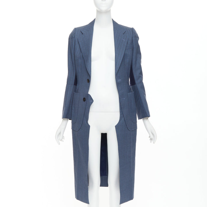 JUNYA WATANABE 2012 Runway blue wool pinstriped tromp loeil seam long coat S