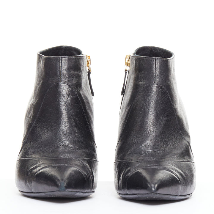 CHANEL 15C black calfskin faux pearl high cone heeled ankle boots EU38