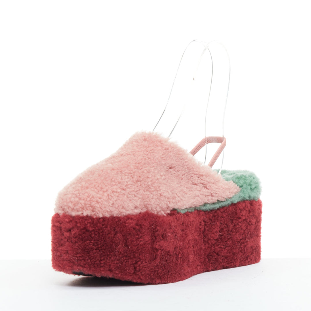 FENDI colorblock pink red green genuine shearling platform slingback mules EU36