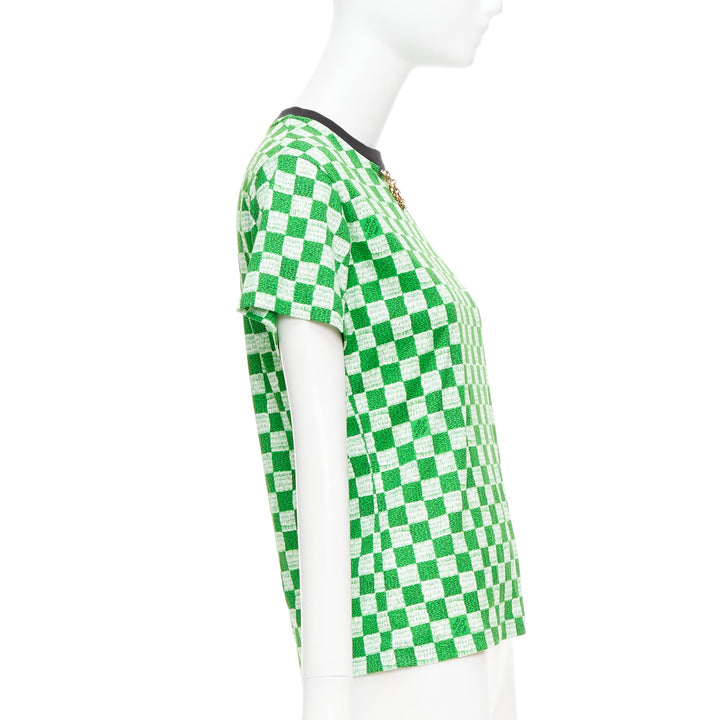 LOUIS VUITTON Damier green white cotton LV print chain detail tshirt XS
