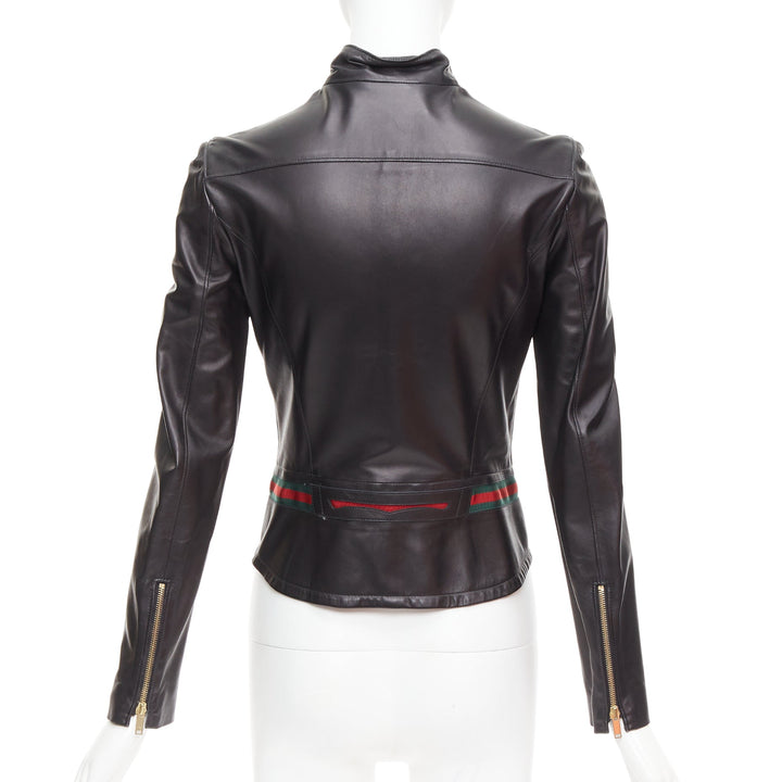 GUCCI Vintage black leather green red web moto biker jacket IT38 XS