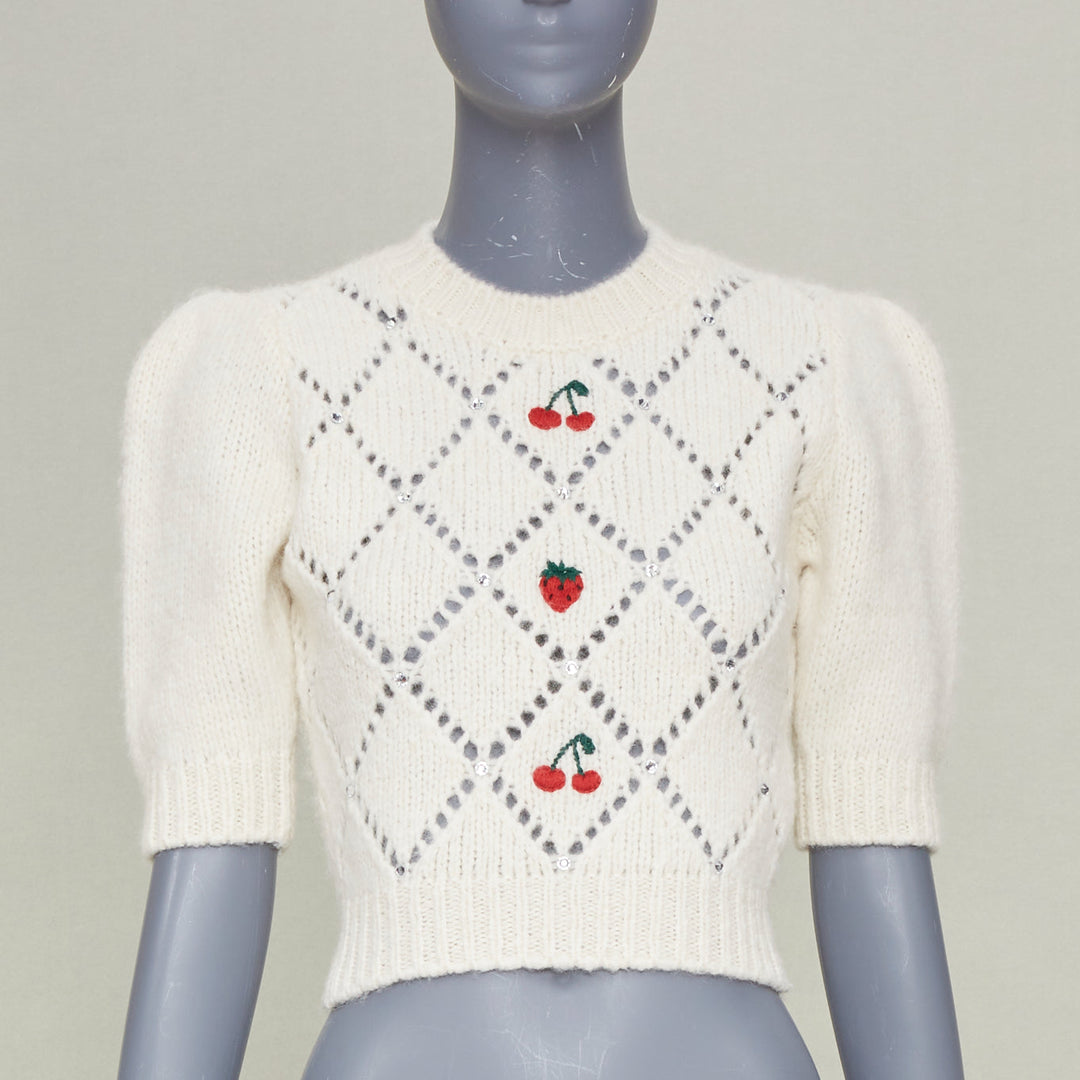 ALESSANDRA RICH 2023 fruit embroidered pointelle knit ivory alpaca top IT36 XS