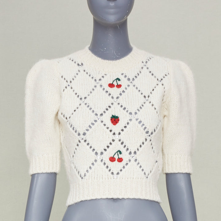 ALESSANDRA RICH 2023 fruit embroidered pointelle knit ivory alpaca top IT36 XS